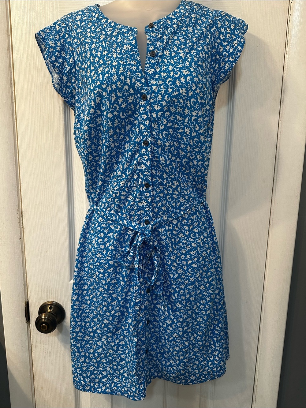 LOFT Blue Floral Button-Front Tie-Waist Dress